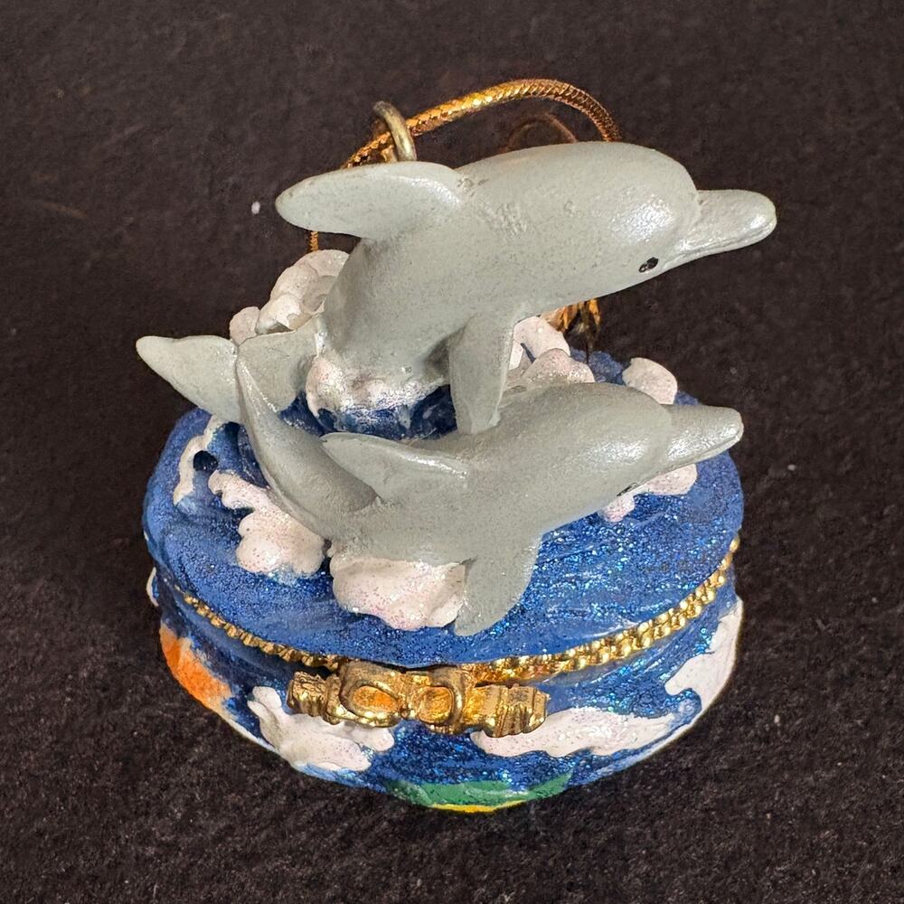 Double Dolphin Blue & Gold Resin Hinged Trinket Box